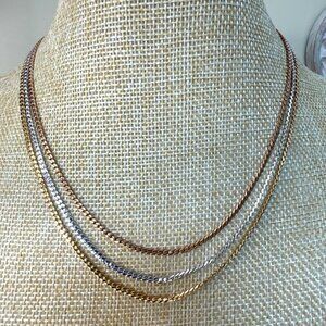 Monet Tri-Color Layered Chain Necklace Gold Silver Rose Gold 16" Vintage Jewelry